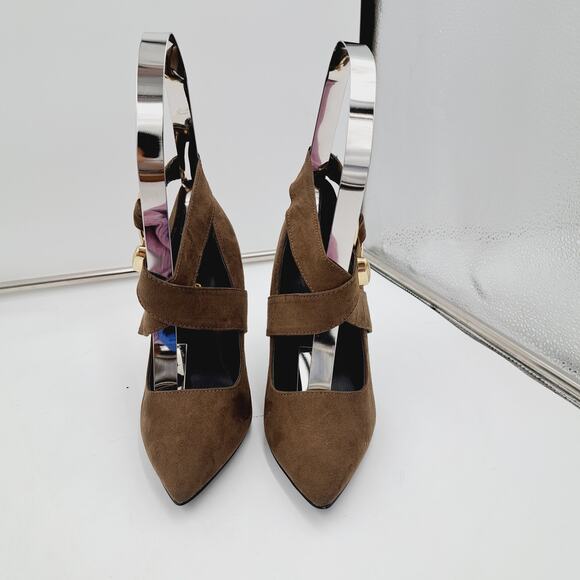 Qupid Khaki Green Cross Strap Goldtone Buckle Stilletto Heel Pointy Toe 5.5 - Picture 8 of 9